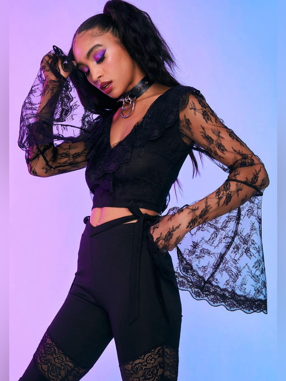 Dolls Kill Horoscopez Floral Lace Ruffle Bell Sleeve Top